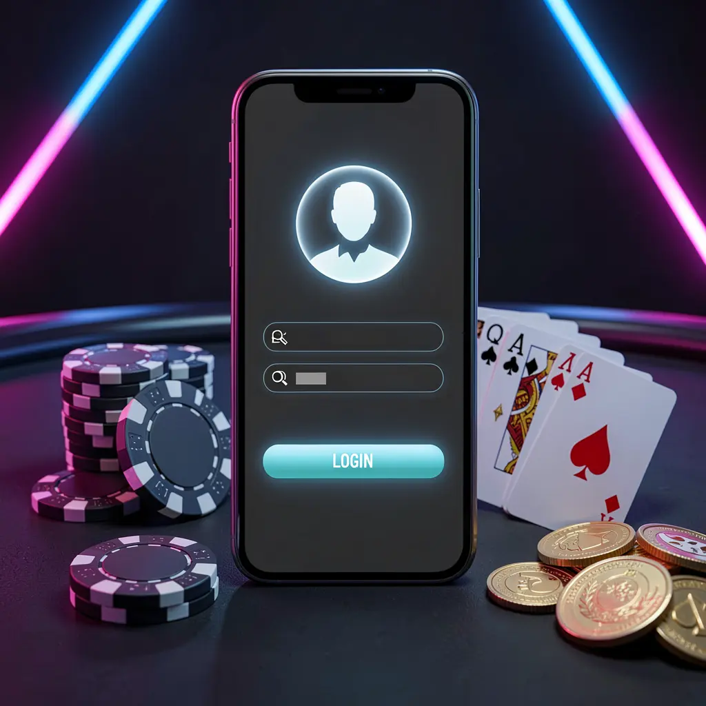 558H casino app login scene on a smartphone with glowing user profile icon, surrounded by chips, cards, and coins on an elegant dark background with neon highlights
