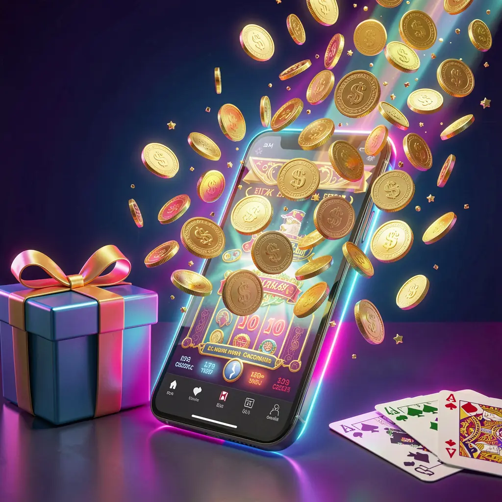 558H mobile casino bonus banner showing a smartphone with coins bursting from the screen, a gift box and playing cards nearby, all illuminated by a bright neon glow in a premium realistic 3D render