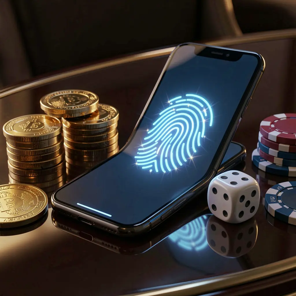558H online gaming account access scene showing a smartphone with a glowing fingerprint icon surrounded by golden coins, dice, and poker chips on a glossy table with cinematic lighting