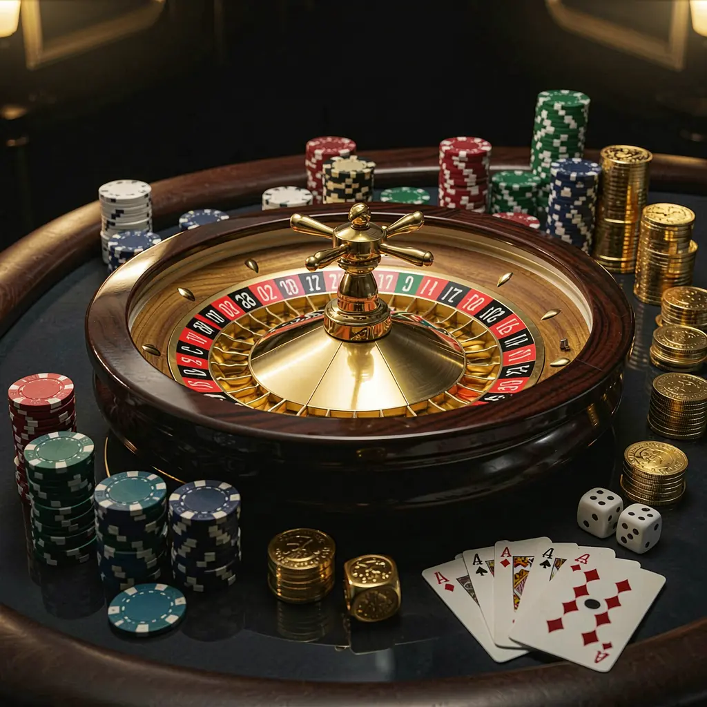Premium casino homepage scene featuring a roulette wheel spinning on a glossy table with poker chips, dice, cards, and golden coins, set against an elegant dark background with cinematic lighting, showcasing the 558H brand.