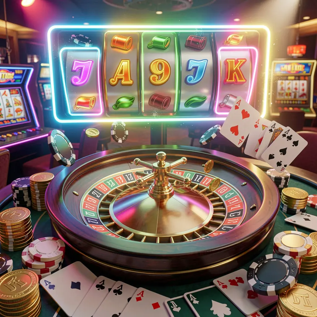 558H casino homepage visual featuring a dynamic composition of jackpot lights, a roulette wheel, poker chips, playing cards, and golden coins with bright neon glow in a realistic 3D render